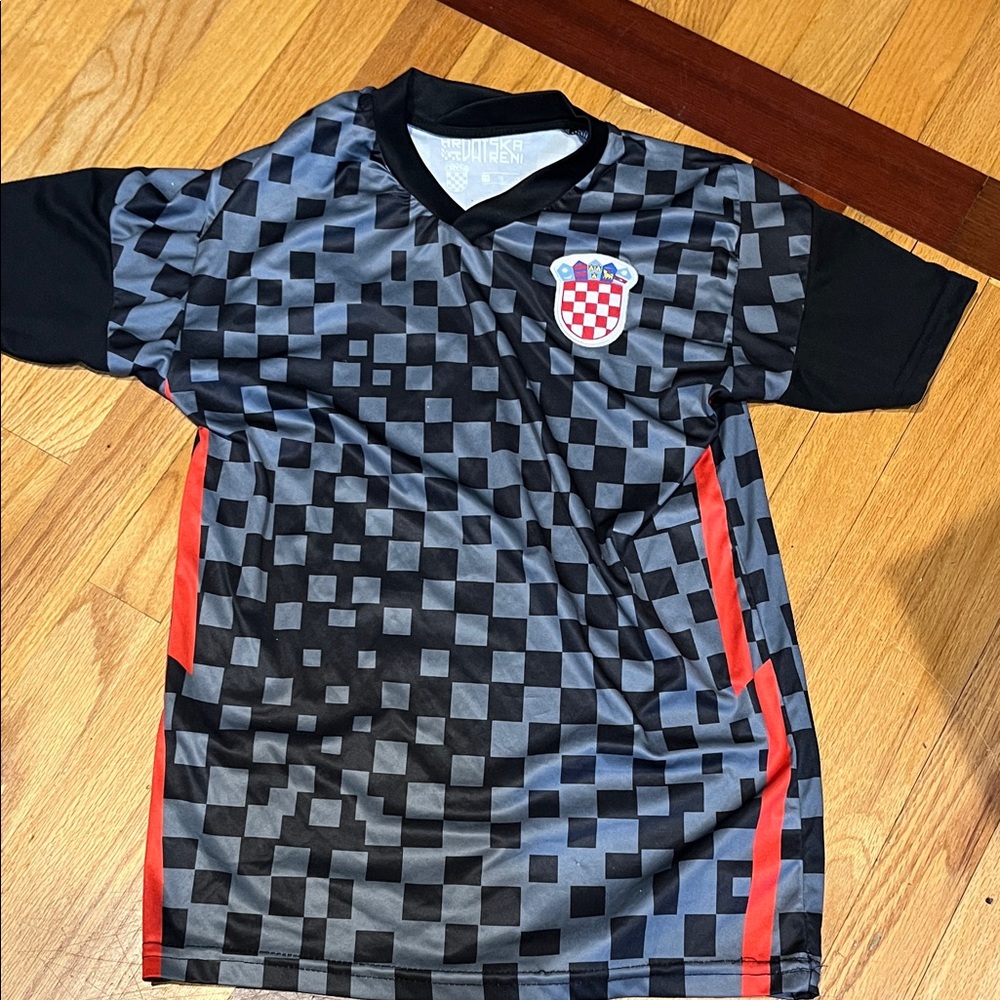 Kids Black & Gray Checkered Soccer Jersey with Red Side Panels